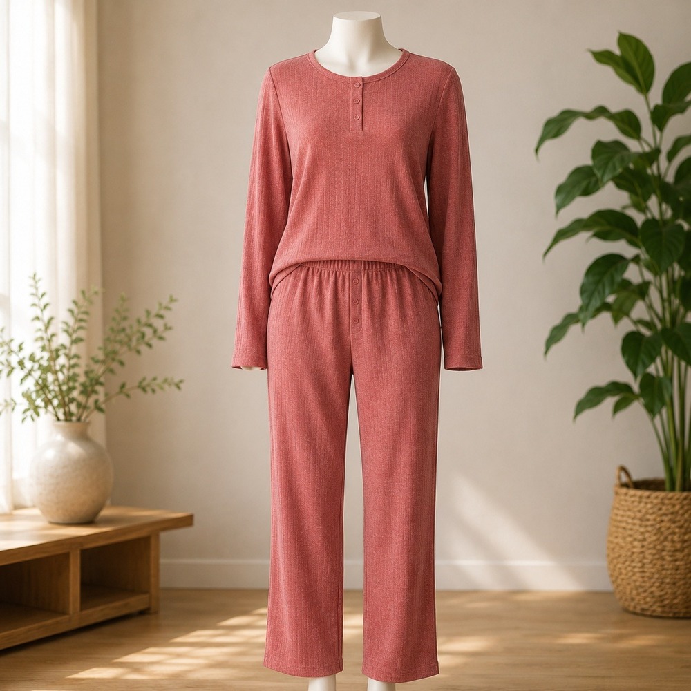 Berkshire Homewear Pajama Set Medium Rose Pink Ribbed Knit Long Sleeve Loung